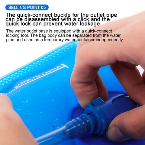 Close-up of Lightweight Hiking Water Bladder With Large Opening quick-connect buckle for easy use and water leak prevention.