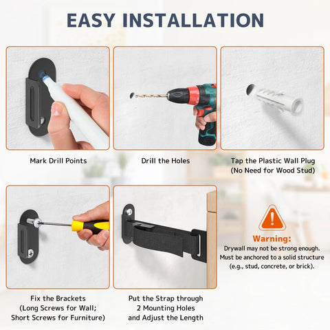 Installation steps for Two Sets Heavy Duty Furniture Wall Anchors With 500Lb Load Capacity Earthquake Proof Safety Kit For Baby And Pet Safety.
