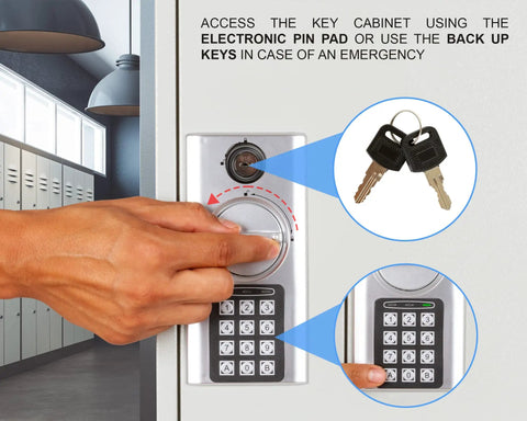 Hand operating the digital lock of a 110 Key Steel Safe Cabinet With Digital Lock For Wall Mount Key Storage Box in an office setting.