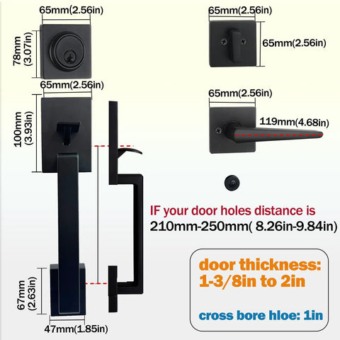Dimensions and features of Dope Double Front Door Handleset With Keyed Entry And Dummy Lever Reversible For Left Or Right Hand Square Deadbolt Iron Black Finish Includes Hardware And 3 Keys Perfect For French Or Dual Doors