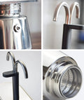 Stovetop Espresso Maker Real Deal Silver Stainless Steel Two Cup Italian Brew Pot With Dual Spout Handle close-up of spouts and base.