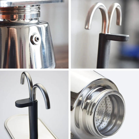 Stovetop Espresso Maker Real Deal Silver Stainless Steel Two Cup Italian Brew Pot With Dual Spout Handle close-up of spouts and base.