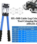 HX-50B cable lug crimp tool with blue handles and metal head, shown with AWG sizing chart.