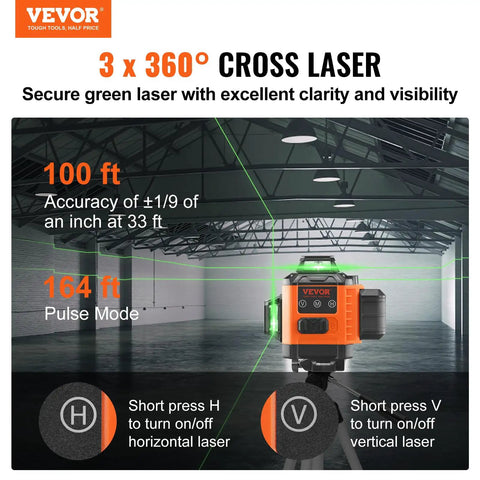 100ft Green Self Leveling Laser Level With 3 X 360 Degree Cross Lines in warehouse setting, detailing accuracy and pulse mode.