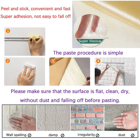 Installation steps for 30 Pack 3D Peel And Stick Wall Panels White Faux Brick Foam Paneling for DIY Renovation Easy Install.