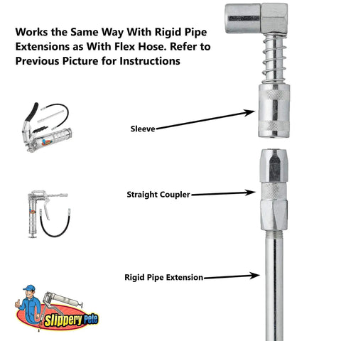 90 Degree Grease Coupler Snaps On To Tight Space Grease Fittings, Fits Standard Grease Gun Couplers, Works With Flex Hose Or Rigid Pipe, 3 Jaw Snap On Design For Hard To Reach Zerk Fittings, rigid pipe extension