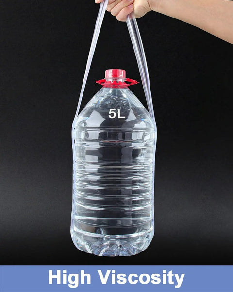Hand holding 5L clear water jug with red cap and silicone handle, labeled 'High Viscosity'