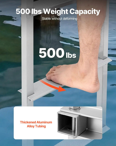 Removable 3 Step Aluminum Dock Ladder With Rubber Mat For Lake And Pool, Easy Mount Pontoon Boat Ladder For Marine Boarding, Heavy Duty 350 Lb Working Capacity, Sturdy Swim Ladder showing 500 lb capacity and thickened aluminum tubing