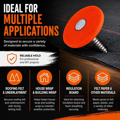 Badass One Inch Plastic Cap Nails Providing Lock Tight Ring Shank Grip Electro Galvanized Steel Roofing Fasteners in orange.