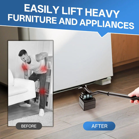 Heavy Duty Steel Furniture Lifter Tool Set With Four Grippy Pads Effortlessly hoisting a fridge for easy lifting.