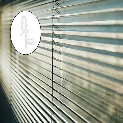 Close-up of High Quality 16 Piece 2 Inch Clear Plastic Hidden Blind Valance Clips attached to window blinds.