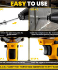 Step-by-step guide for using Heavy Duty 800W Brushless Rivet Gun with 2000 Ft Lbs Torque, showcasing nozzle and function switch.