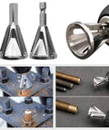Front and side views of deburring chamfer tool set with hexagonal handles and 6-slot burr bits for metal, plastic, wood.