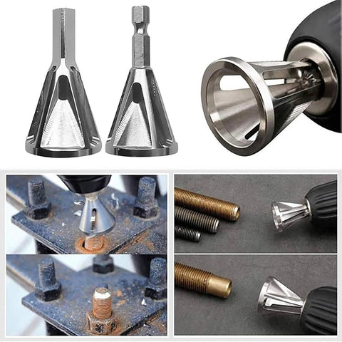 Front and side views of deburring chamfer tool set with hexagonal handles and 6-slot burr bits for metal, plastic, wood.