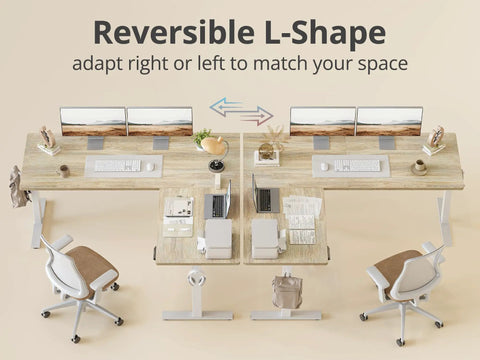 L Shaped Standing Desk With Electric Height Adjustment For Corner Setup Reversible Left Or Right 63 By 55 Inches Sit Stand Computer Table In Maple Finish Ideal For Dual Monitors And Ample Workspace For A Boss Level Setup, showing reversible L-shape configuration with dual monitor setups and chairs.