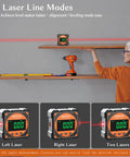 4-Side Magnetic Digital Angle Gauge With Laser Protractor Level, No-Brainer Inclinometer For Woodworking Tablesaw, Precision 0.05 To 0.2 Degrees, Relative And Absolute Modes, Rechargeable, 4x90 Degree Angles. Laser angle gauge showing left, right, and two-laser modes on a shelf.