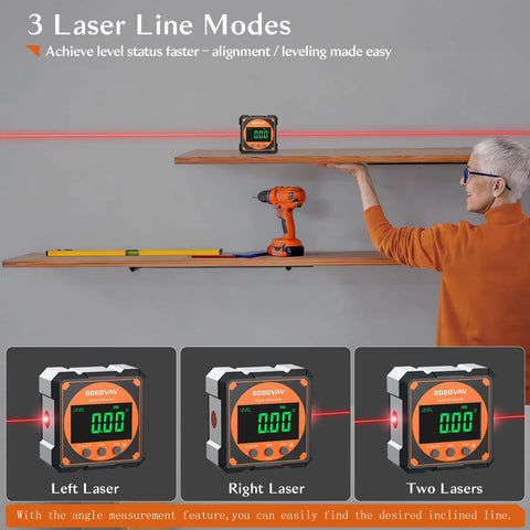 4-Side Magnetic Digital Angle Gauge With Laser Protractor Level, No-Brainer Inclinometer For Woodworking Tablesaw, Precision 0.05 To 0.2 Degrees, Relative And Absolute Modes, Rechargeable, 4x90 Degree Angles. Laser angle gauge showing left, right, and two-laser modes on a shelf.