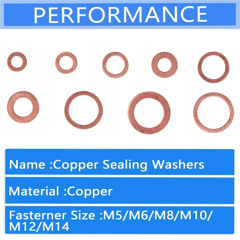Heavy Duty Copper Washer Set 50 To 200 Pcs Gasket Kit M4 To M14 For Sump Plugs And Automotive Repairs Heat Resistant Copper Ring Seals Universal Fit And Durable Copper Washers, assorted sizes