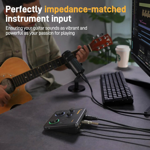 Musician using USB Audio Interface With XLR Input, 24 Bit 192 kHz Recording, Loopback And ASIO Driver For PC, on guitar