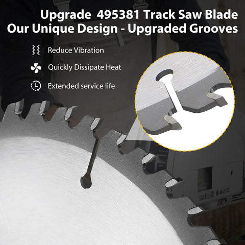 Close-up of upgrade 495381 track saw blade showing fine tooth saw blade 52 tooth 210x2.4x30mm tungsten carbide tip 30mm arbor