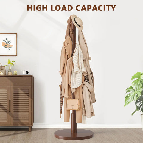 Freestanding Wooden Coat Rack With Eight Rounded Tip Hooks Three Adjustable Heights Hat And Coat Tree Stand in living room