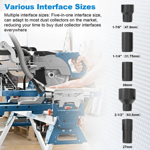 Five In One Miter Saw Dust Collector Attachment With Improved Port Delivers Pro Grade Dust Capture For Bosch 12 Inch Glide GCM12SD Saws In Home Shops And Garages front view showing various interface sizes.
