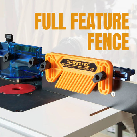 Rock Solid Benchtop Router Table Setup With Adjustable Aluminum Fence And Heavy Duty Dust Collection Kit featuring a detailed featherboard and router.