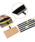 Heavy Duty Standing Broom And Dustpan Combo Set With Adjustable Long Handle upright floor cleaner tools arranged with black broom and dustpan.