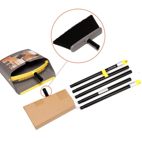 Heavy Duty Standing Broom And Dustpan Combo Set With Adjustable Long Handle upright floor cleaner tools arranged with black broom and dustpan.