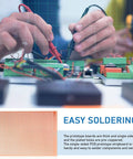 Hands soldering on electronic board with Ten Pack 73mm By 100mm Protoboard Kit With Copper Strip Boards and tools visible.