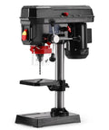Ideally House 8 Inch Benchtop Drill Press With Powerful 2.5A Motor And Five Adjustable Speeds For Precise Wood And Metal Drilling Projects Featuring Tilting Table That Goes From Zero To Forty-Five Degrees For Angled Holes, side view with drill bit.