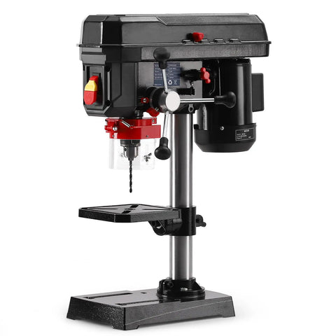 Ideally House 8 Inch Benchtop Drill Press With Powerful 2.5A Motor And Five Adjustable Speeds For Precise Wood And Metal Drilling Projects Featuring Tilting Table That Goes From Zero To Forty-Five Degrees For Angled Holes, side view with drill bit.