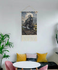 Steam Locomotive Train Hanging Poster With Beech Wood Frame, Cotton Linen Wall Art in living room setting