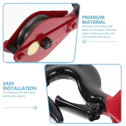 Beefed Up Heavy Duty Lifting Cable Pulley Block For Hauling And Towing Half Ton Capacity Side Opening Design 360 Degree Rotatable Hook Iron Wire Rope Crane Pulley Wheel, red metal close-up