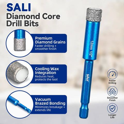 Heavy Duty Five Piece Vacuum Brazed Diamond Core Drill Bits Set Features 1/4 Inch Hex Shank, 12mm drill bit with premium diamond grains.