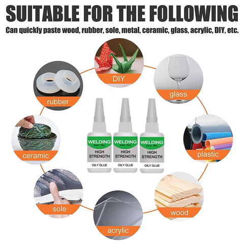 Heavy Duty Oily Glue 150ml Universal Super Glue Triple Pack for metal, wood, ceramic, leather, glass, and more with adhesion examples