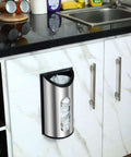 Wall Mounted Stainless Steel Grocery Bag Holder And Dispenser For Kitchen And Pantry No Fuss Space Saving Plastic Bag Organizer Reusable Bag Dispenser Fingerprint Resistant Easy Mount Inside Cabinet Or Wall Silver installed on kitchen cabinet