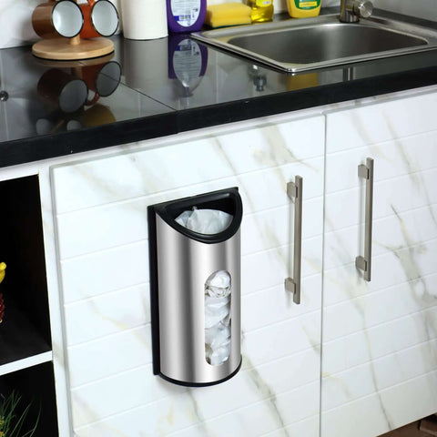 Wall Mounted Stainless Steel Grocery Bag Holder And Dispenser For Kitchen And Pantry No Fuss Space Saving Plastic Bag Organizer Reusable Bag Dispenser Fingerprint Resistant Easy Mount Inside Cabinet Or Wall Silver installed on kitchen cabinet