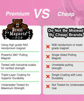 2000lb double-sided neodymium fishing magnet; Beast Magnets by POP logo; premium vs cheap infographic
