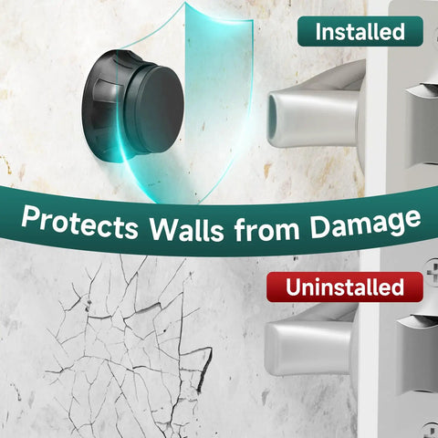 Two Pack Modern Black Door Stoppers For Wall No Drill Adhesive Or Screw Free Mount installed and uninstalled view