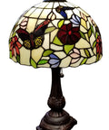 Tiffany Style Table Lamp With Stained Glass Shade Red Green White Floral Butterfly Design Antique Vintage Bedside Glow 19 Inch