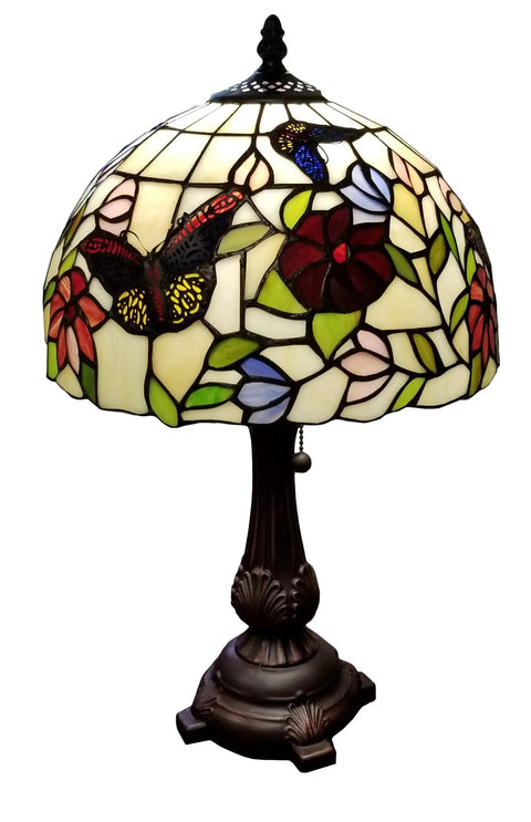 Tiffany Style Table Lamp With Stained Glass Shade Red Green White Floral Butterfly Design Antique Vintage Bedside Glow 19 Inch