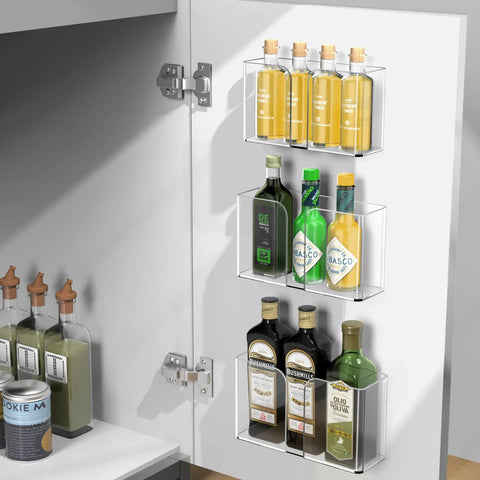 3-Pack Clear Acrylic Lid Organizer for Inside Cabinet Storage, self-adhesive holders on cabinet doors with bottles inside.