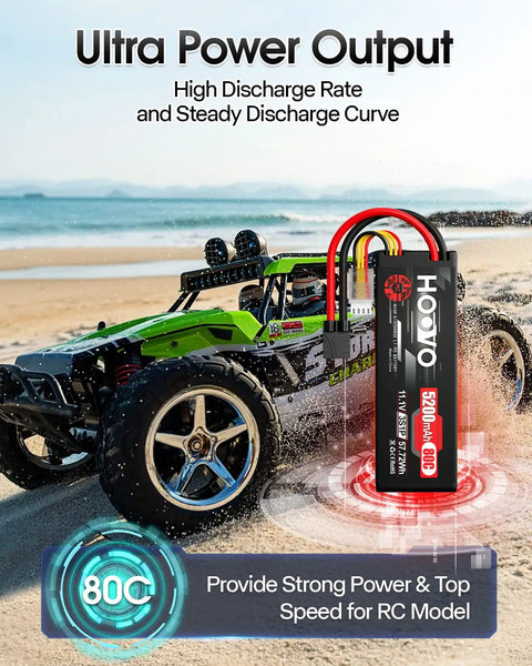 3S 11.1V 5200mAh LiPo Battery With Hard Case And TR Plug For RC Cars on beach, highlighting 80C high discharge rate