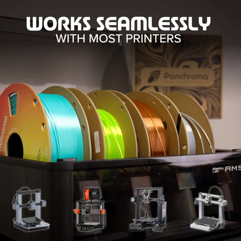Display of multiple 3D printer filaments including White 1.75mm PLA 3D Printer Filament, 1kg Spool, Easy To Print With High Speed Extrusion.
