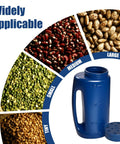 Handheld Seed Shaker And Spreader with 90 oz capacity, blue, shown with seeds and adjustable opening sizes.