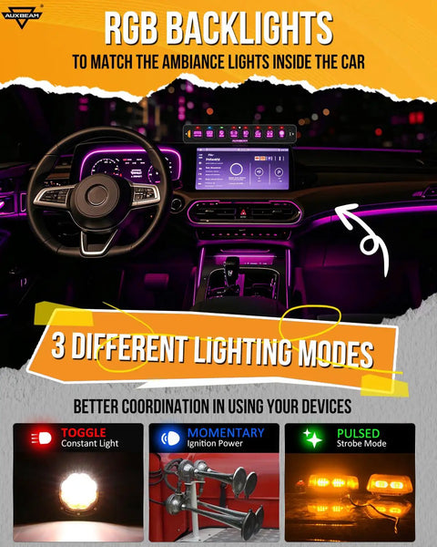 Dashboard display with Eight Gang Slim Switch Panel and auto-dimming RGB backlight for offroad cars and marine use.