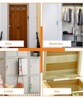 Collage displaying a wooden door, a white wardrobe with clothes, metal lockers, and a wooden box with brass hinges.