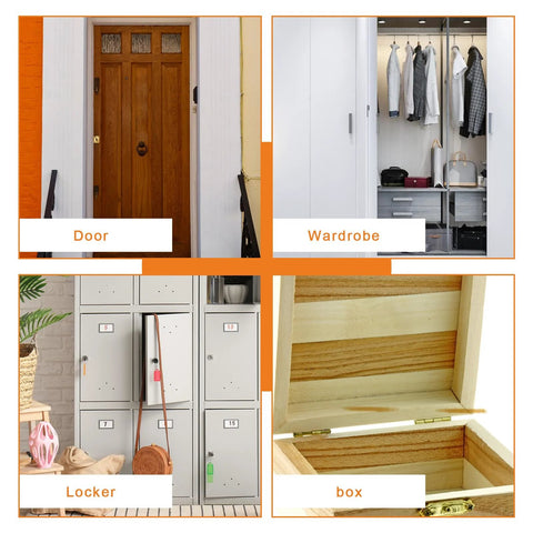 Collage displaying a wooden door, a white wardrobe with clothes, metal lockers, and a wooden box with brass hinges.