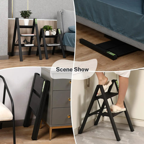Lightweight Folding Step Stool With Wide Anti Slip Pedals Aluminum 2 Step Ladder For Home Office Kitchen Use Easy Fold Portable Durable 330lb Capacity Black Everyday, shown folded and in use.
